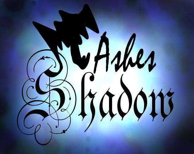 The title screen for Ashes Shadow. On a white to dark blue radial gradient background, the title is displayed using two fonts. Ashes is in cursive, while Shadow is in a gothic font. A monstrous shadow maw comes out of the S and threatens to swallow Ashes.